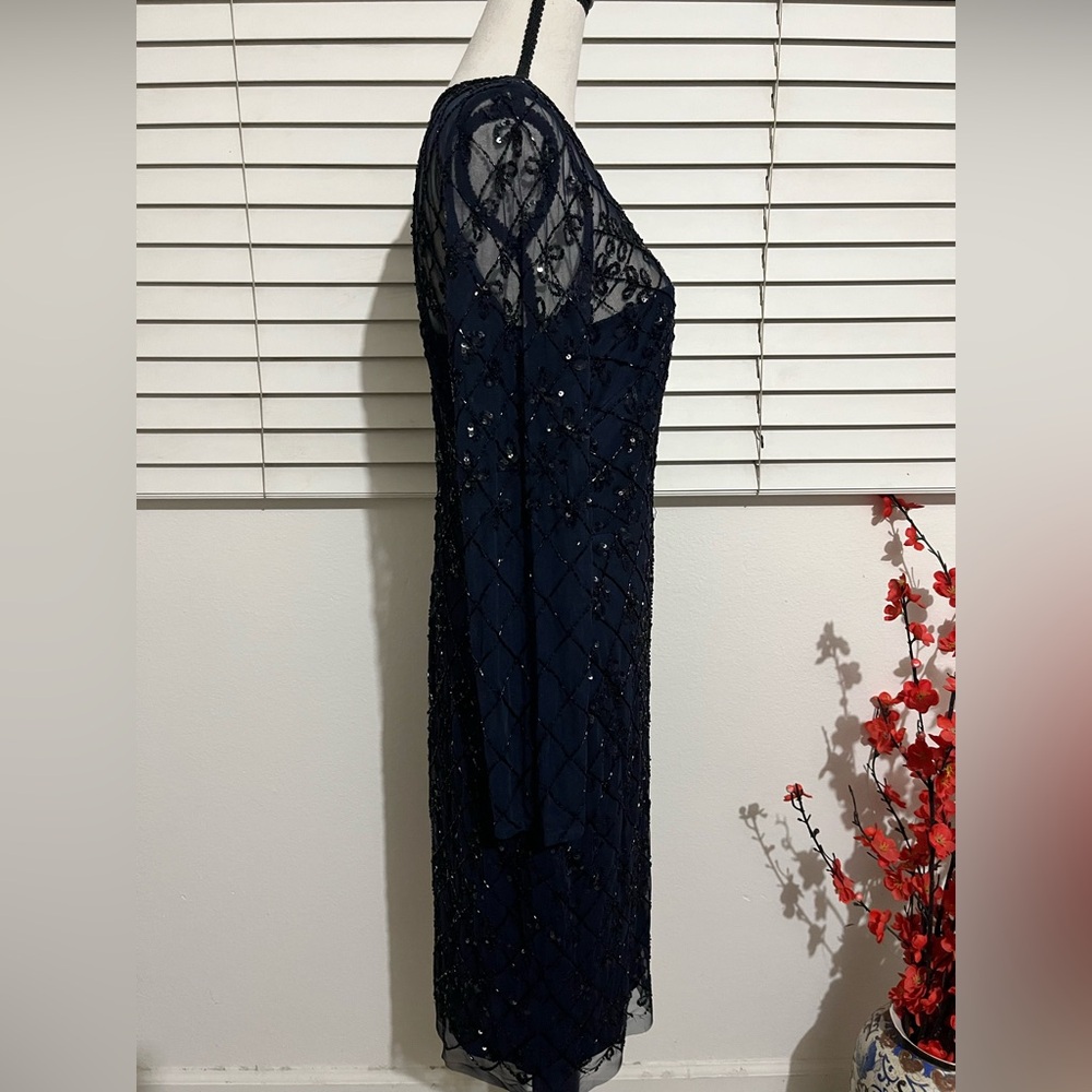 Adrianna Papell Navy Beaded Long Sleeve Sheer Yoke Dress - Picture 3 of 7